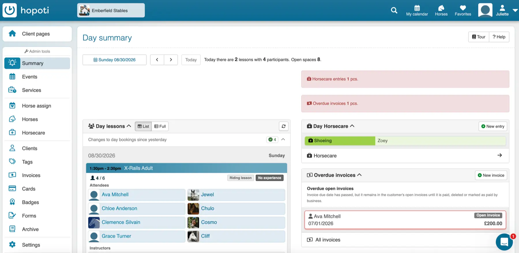 The Hopoti day summary: today’s lessons and who is riding which horse, horsecare tasks, and overdue invoices, all on one screen.