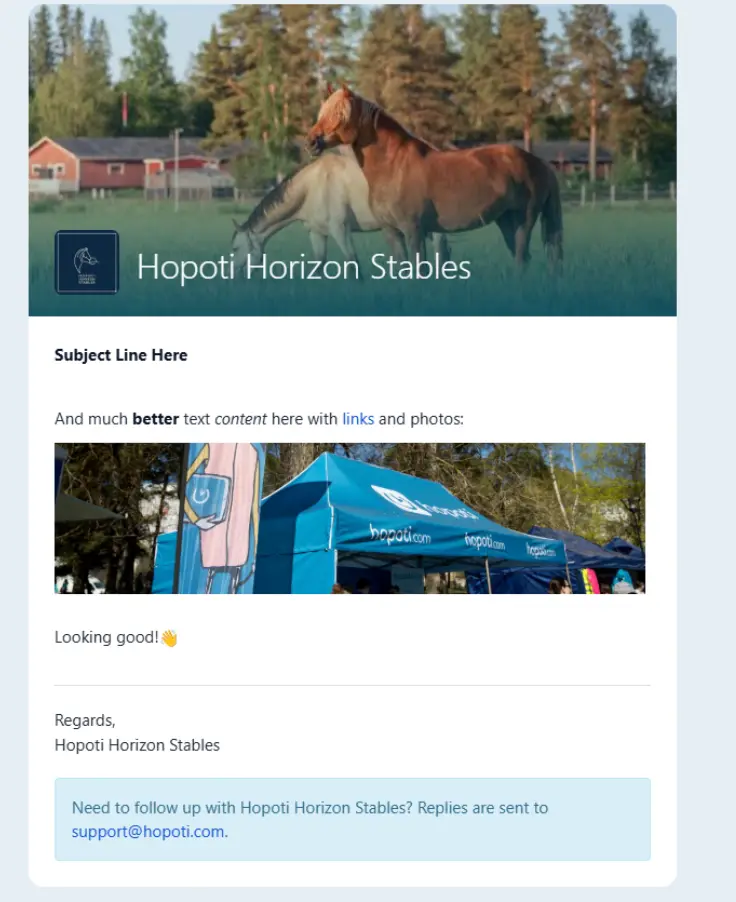 Hopotin viesti perheille tallin omalla otsikolla, valokuvilla ja vastausosoitteella.