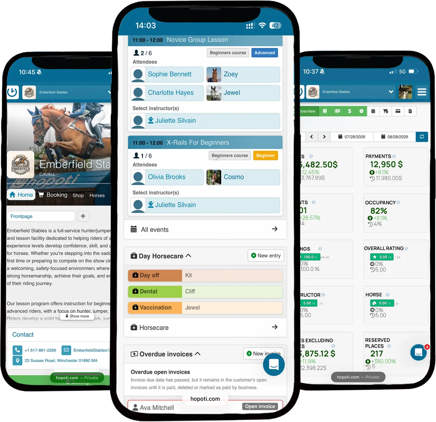 Hopoti on three phones: a stable’s own page, the day’s lessons with riders and horses assigned, and the business overview.