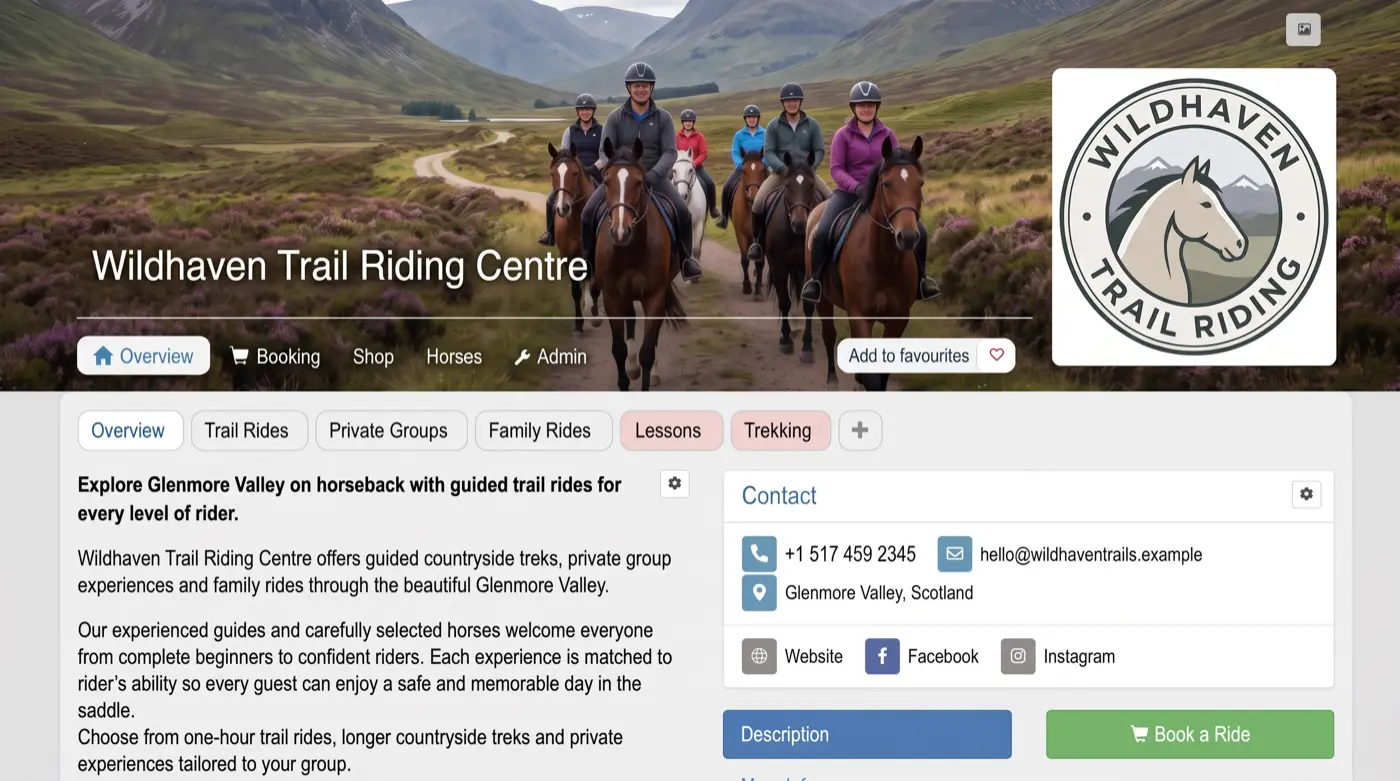 Wildhaven Trail Riding Centren sivu Hopoti-verkostossa: kuvaus, ratsastukset ja Varaa ratsastus -painike.
