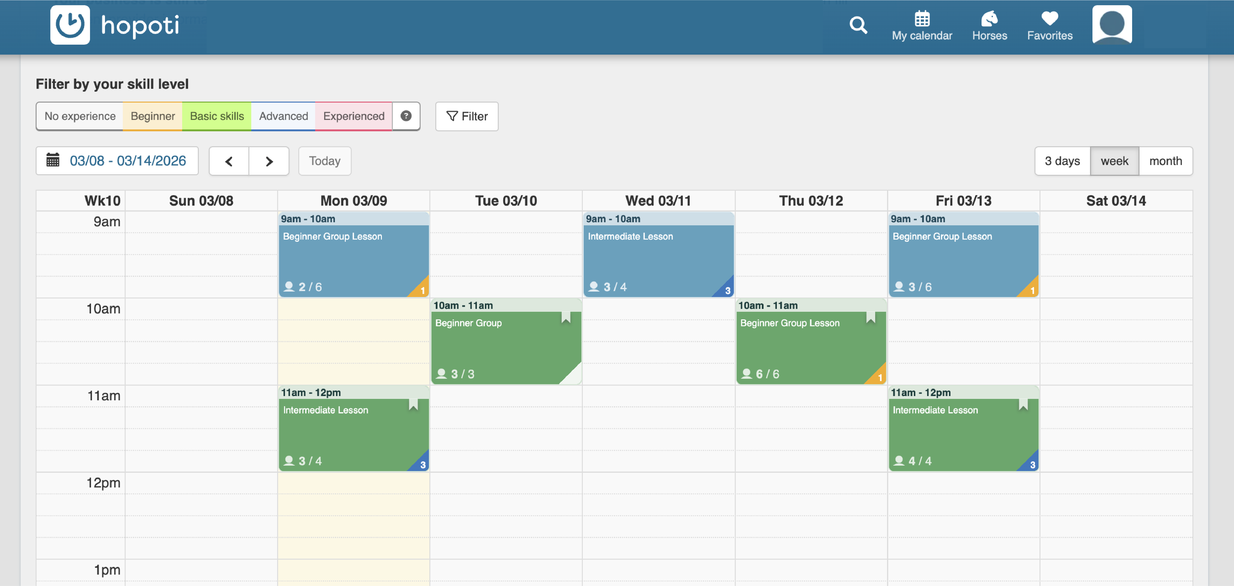 Hopoti lesson scheduling dashboard showing calendar and lesson overview