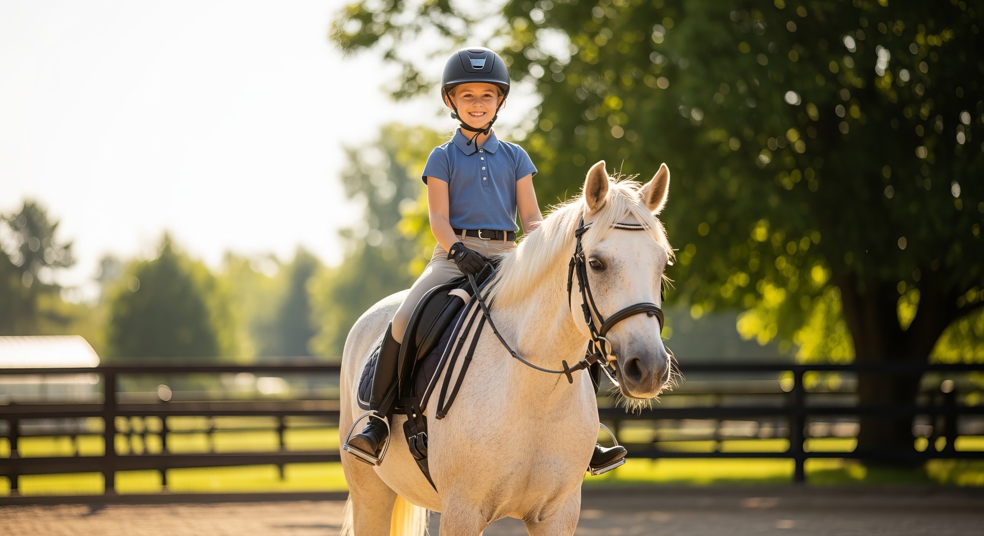 Young rider on a white horse during a riding lesson