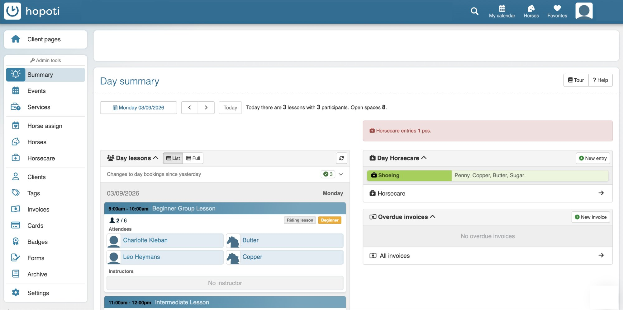 Hopoti riding program dashboard showing day summary and lesson overview